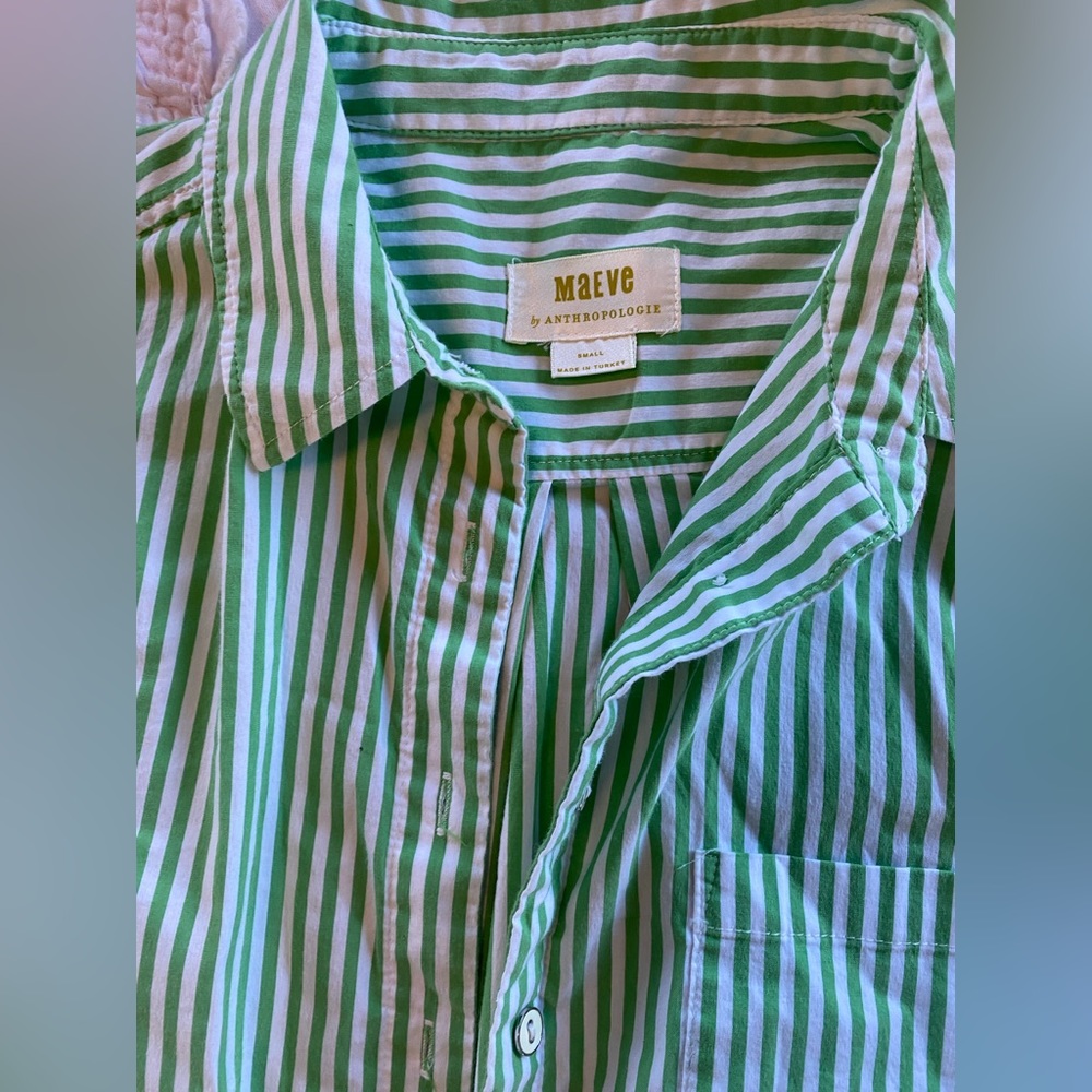 Maeve by Anthropologie short sleeve cap sleeve green stripe button down